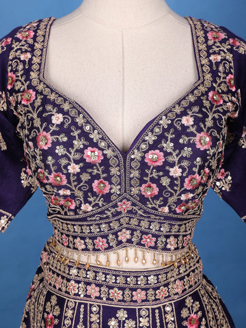 Purple Floral Embroidery Bridal Raw Silk Lehenga - Diadem