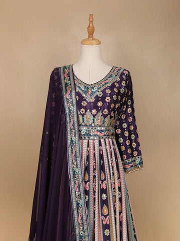 Purple Floral Embroidery Crepe Gown - Diadem