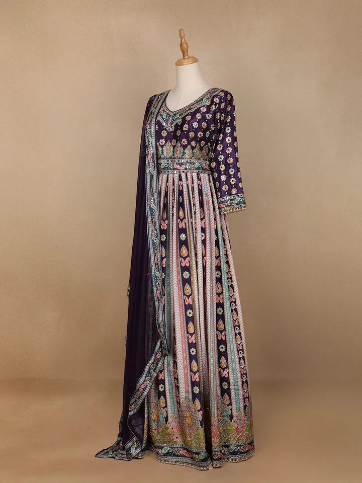 Purple Floral Embroidery Crepe Gown - Diadem