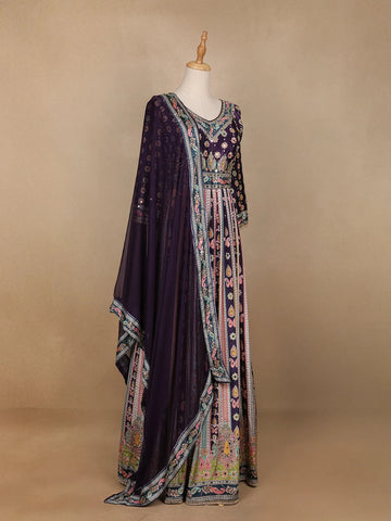Purple Floral Embroidery Crepe Gown - Diadem