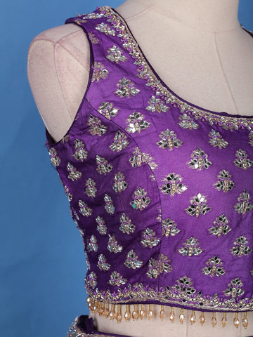 Purple Floral Mirror Designed Banarasi Silk Lehenga for Bridesmaid - Diadem