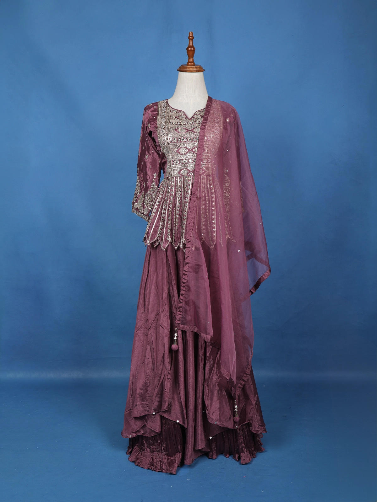 Purple Floral Mirror Zari Embroidery Georgette Lehenga - Diadem