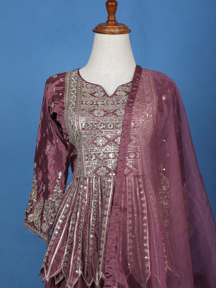 Purple Floral Mirror Zari Embroidery Georgette Lehenga - Diadem