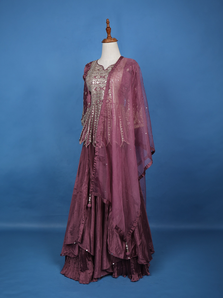 Purple Floral Mirror Zari Embroidery Georgette Lehenga - Diadem