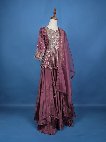 Purple Floral Mirror Zari Embroidery Georgette Lehenga - Diadem