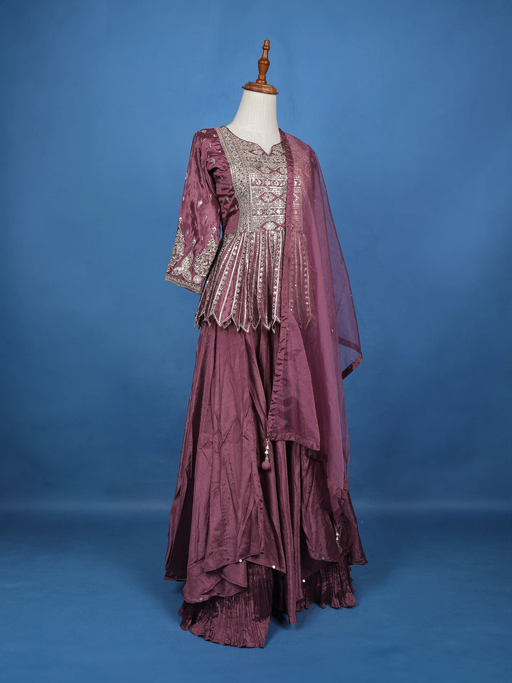 Purple Floral Mirror Zari Embroidery Georgette Lehenga - Diadem