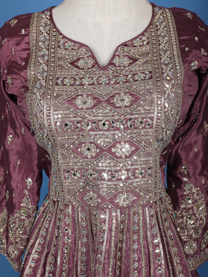 Purple Floral Mirror Zari Embroidery Georgette Lehenga - Diadem