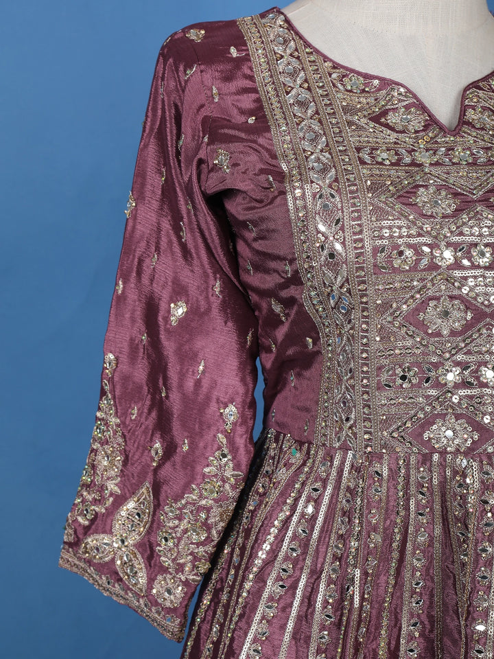 Purple Floral Mirror Zari Embroidery Georgette Lehenga - Diadem