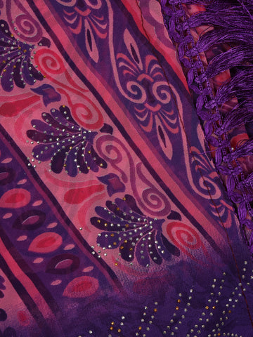 Purple Floral Printed Beaded Synthetic Saree - Diadem