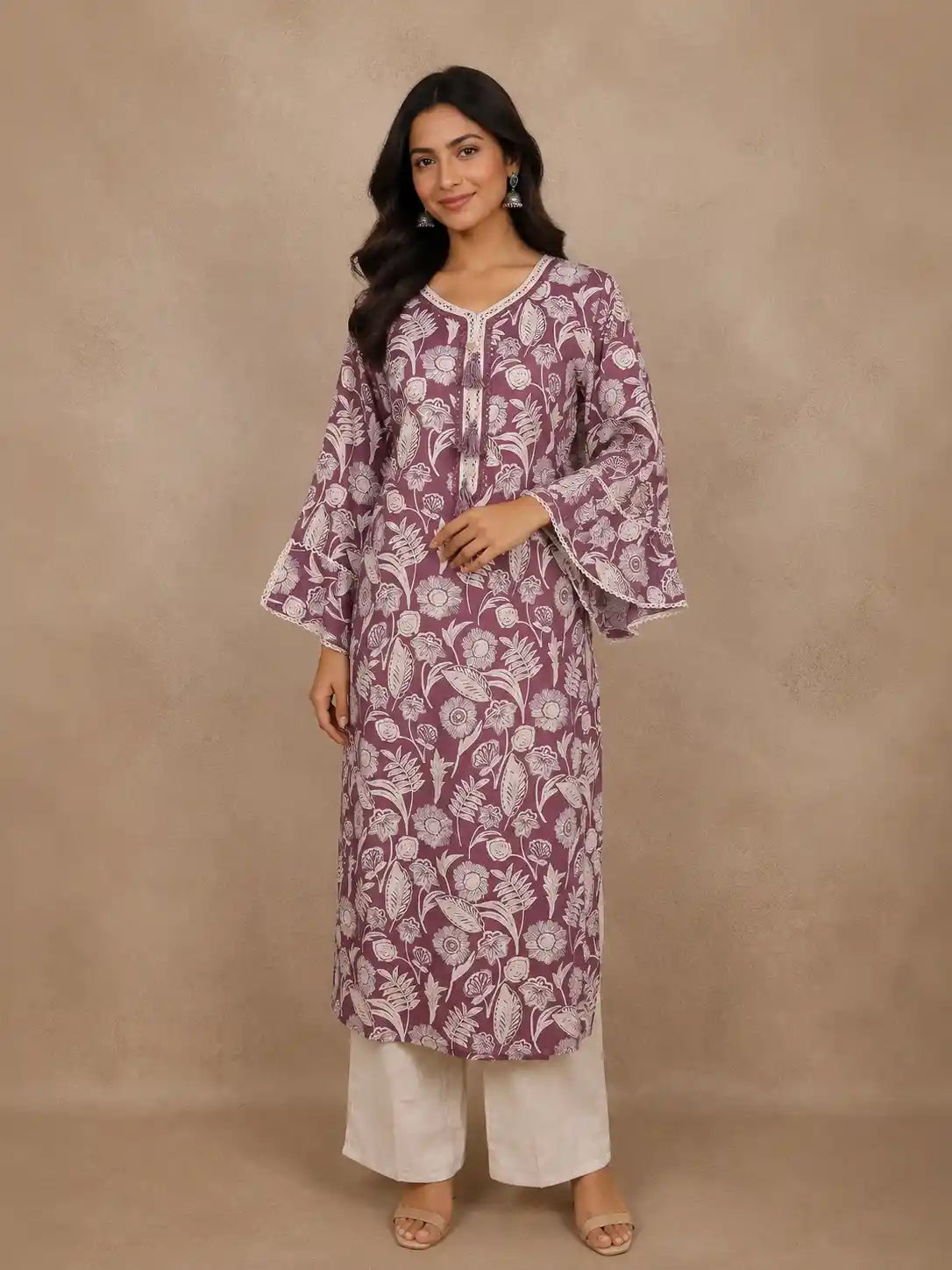 Purple Floral Printed Cotton Salwar With Crochet Lace Detailing