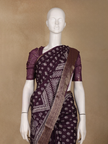 Purple Floral Printed Cotton Saree - Diadem