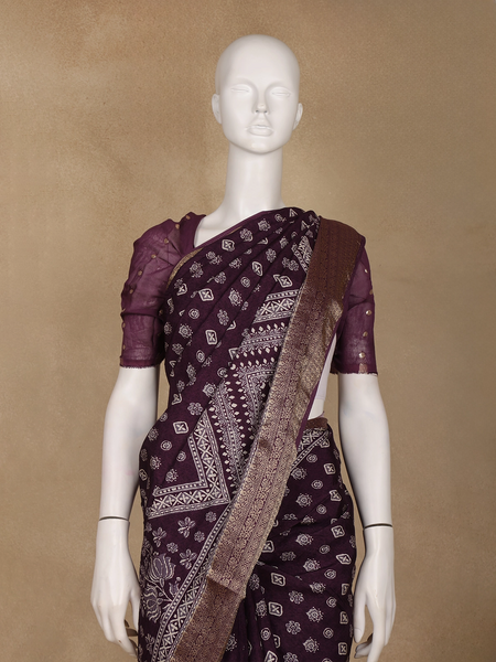 Purple Floral Printed Cotton Saree - Diadem