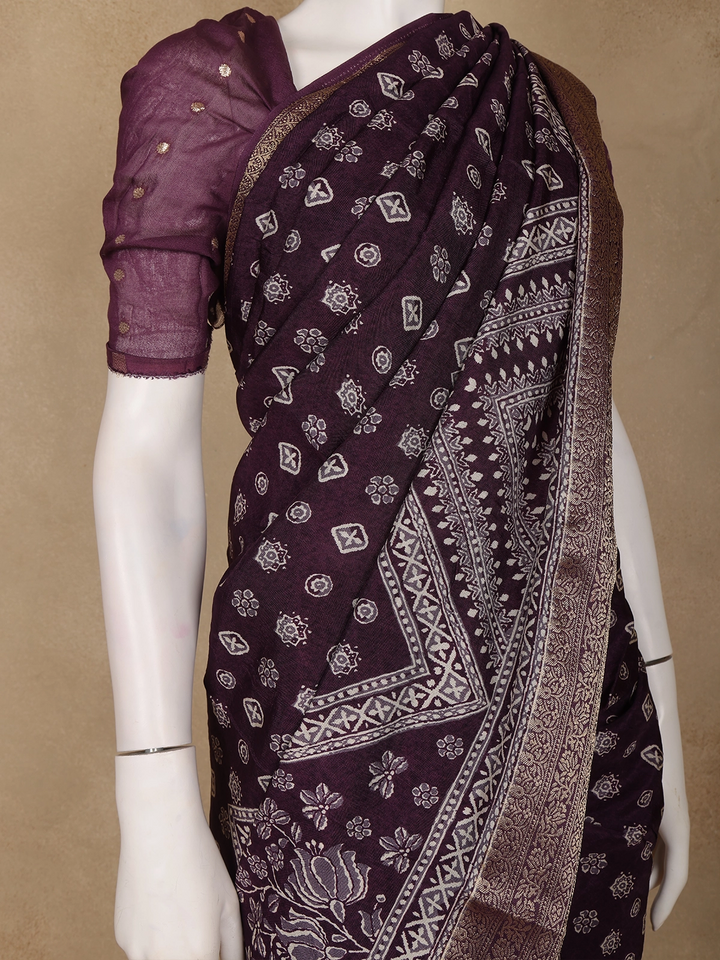 Purple Floral Printed Cotton Saree - Diadem