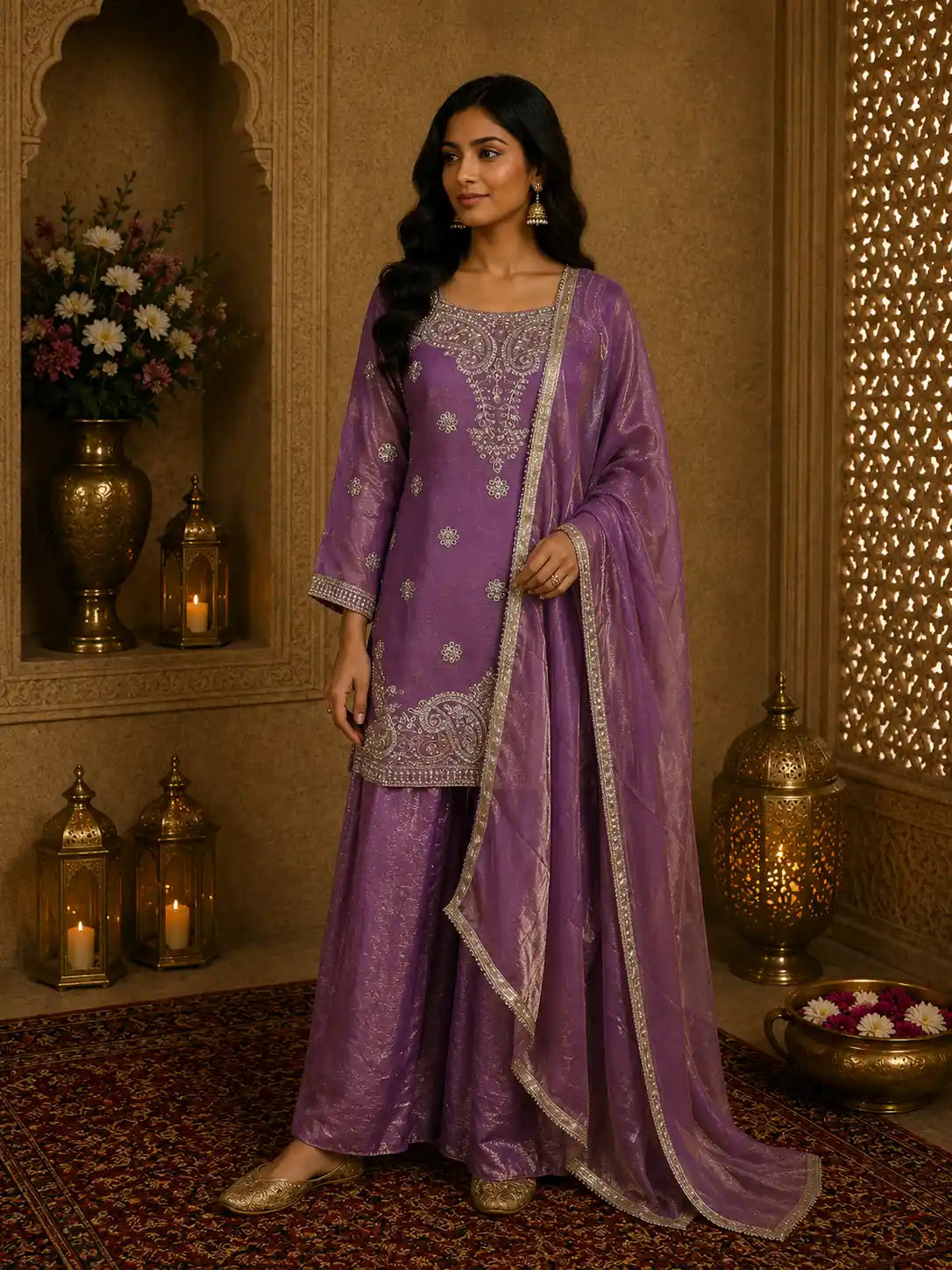 Purple Floral Sequins And Beads Embroidered Design Organza Palazzo Suit with Dupatta