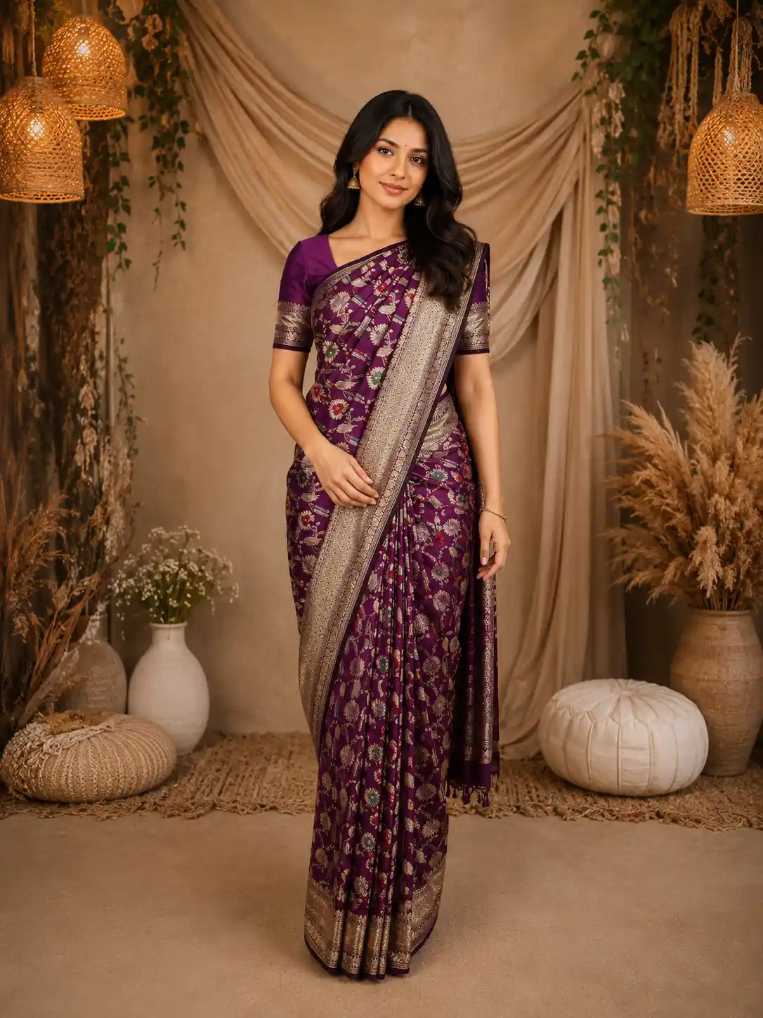 Purple Floral Woven Banarasi Silk Saree With Zari Border