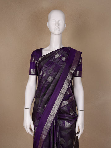 Purple Floral and Checks woven Silk Saree - Diadem