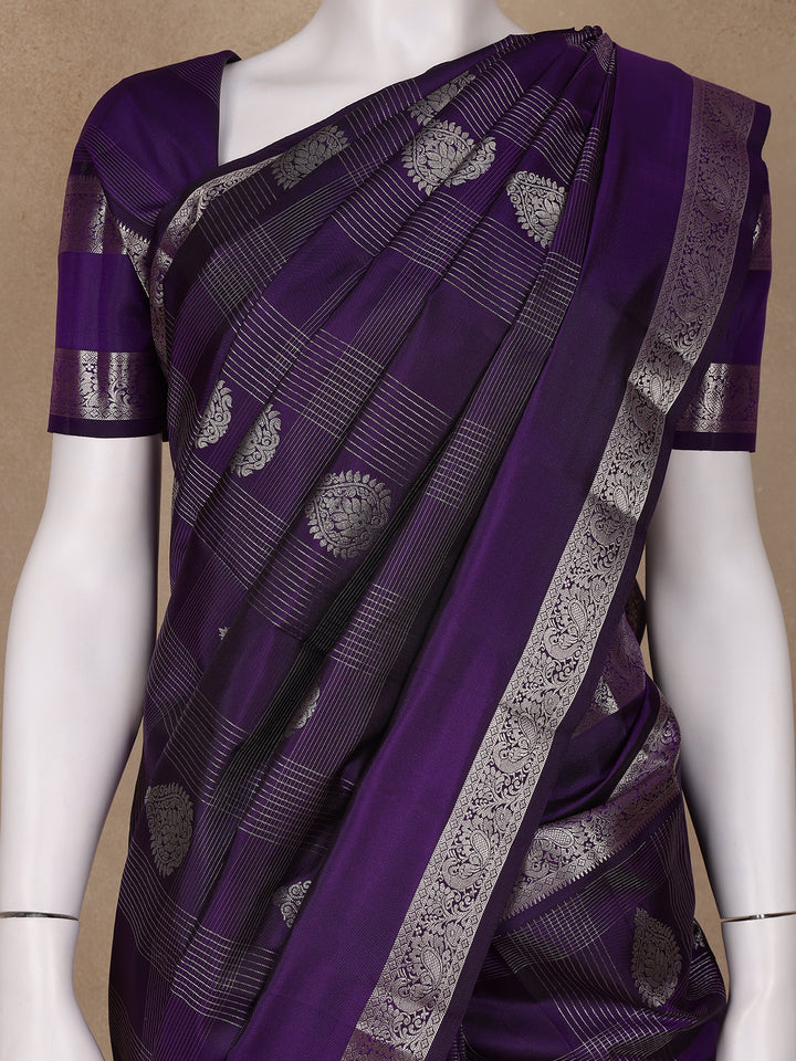 Purple Floral and Checks woven Silk Saree - Diadem