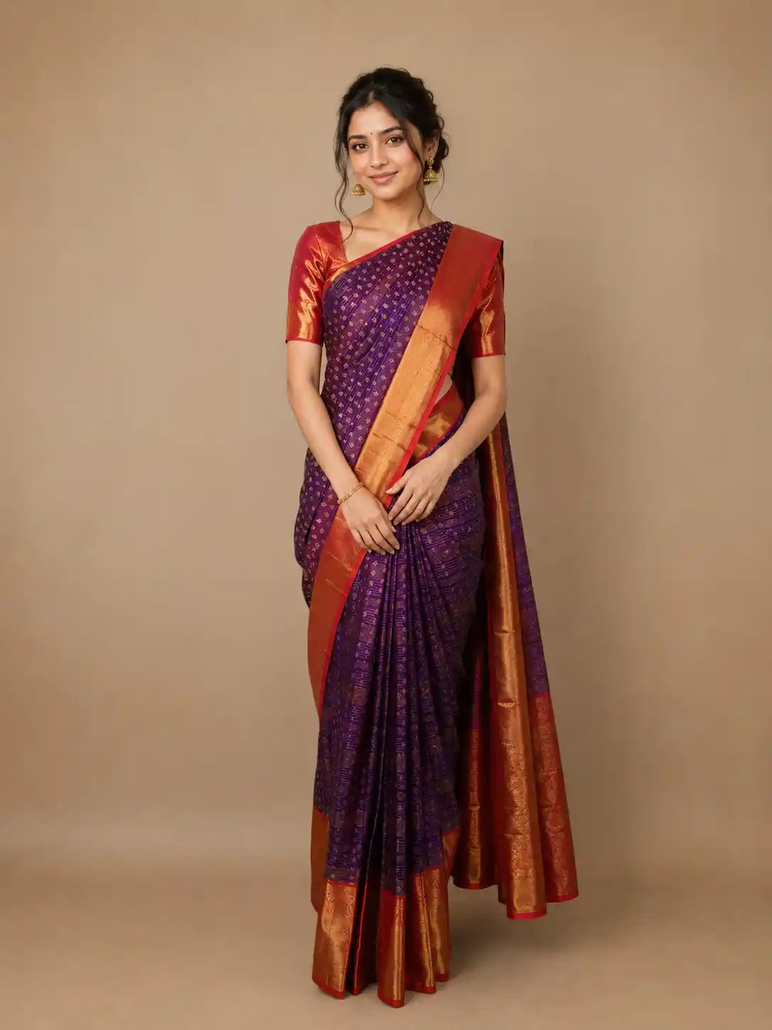 Purple Floral and Stripes Woven Pure Kanchipuram Silk Saree