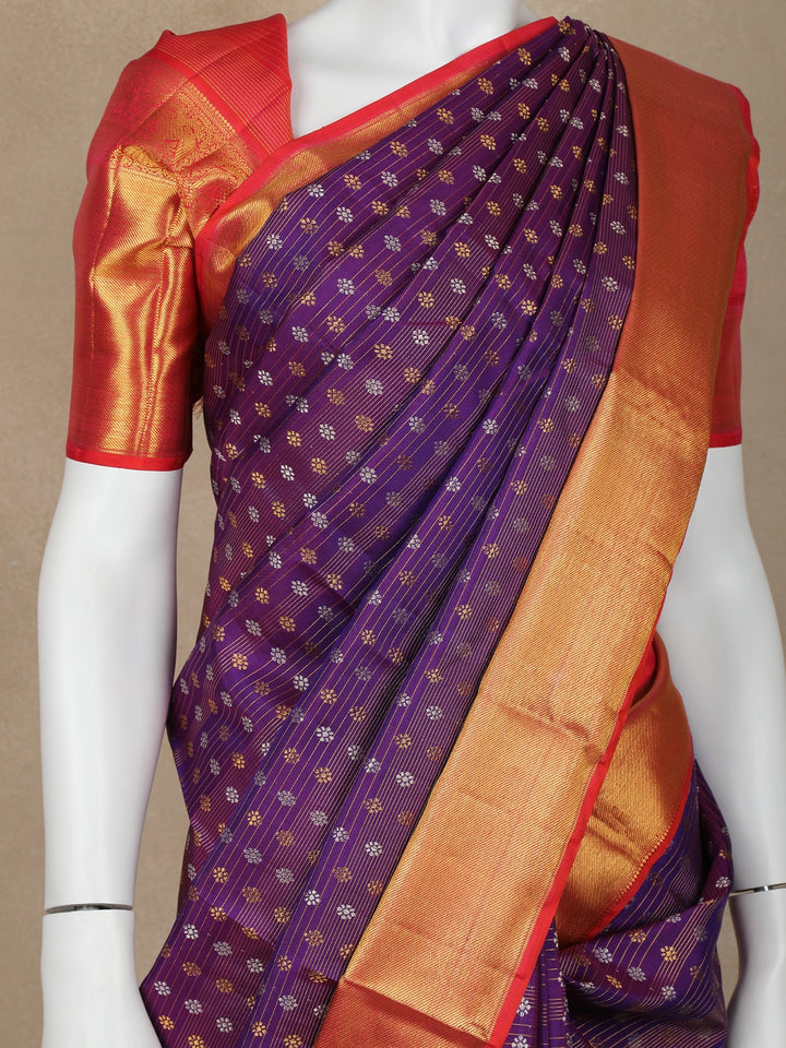 Purple Floral and Stripes Woven Pure Kanchipuram Silk Saree - Diadem