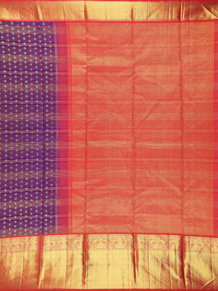 Purple Floral and Stripes Woven Pure Kanchipuram Silk Saree - Diadem