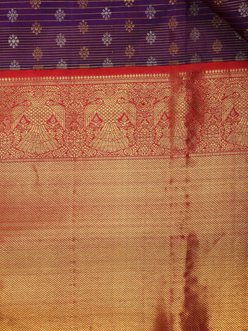Purple Floral and Stripes Woven Pure Kanchipuram Silk Saree - Diadem