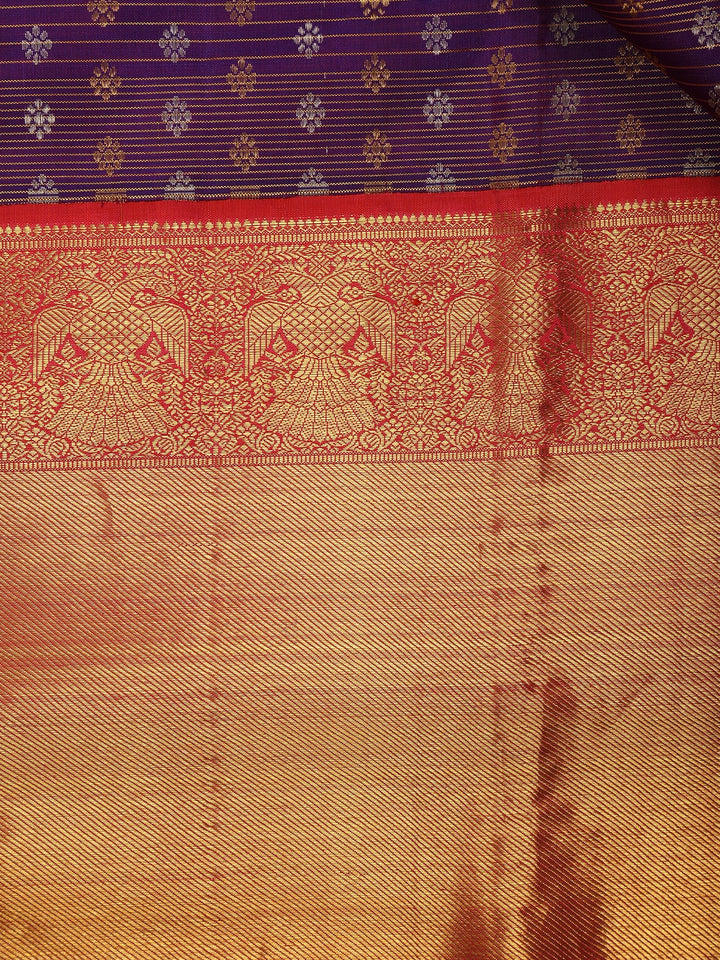 Purple Floral and Stripes Woven Pure Kanchipuram Silk Saree - Diadem
