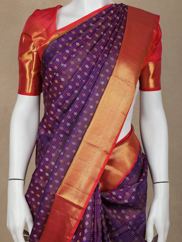 Purple Floral and Stripes Woven Pure Kanchipuram Silk Saree - Diadem