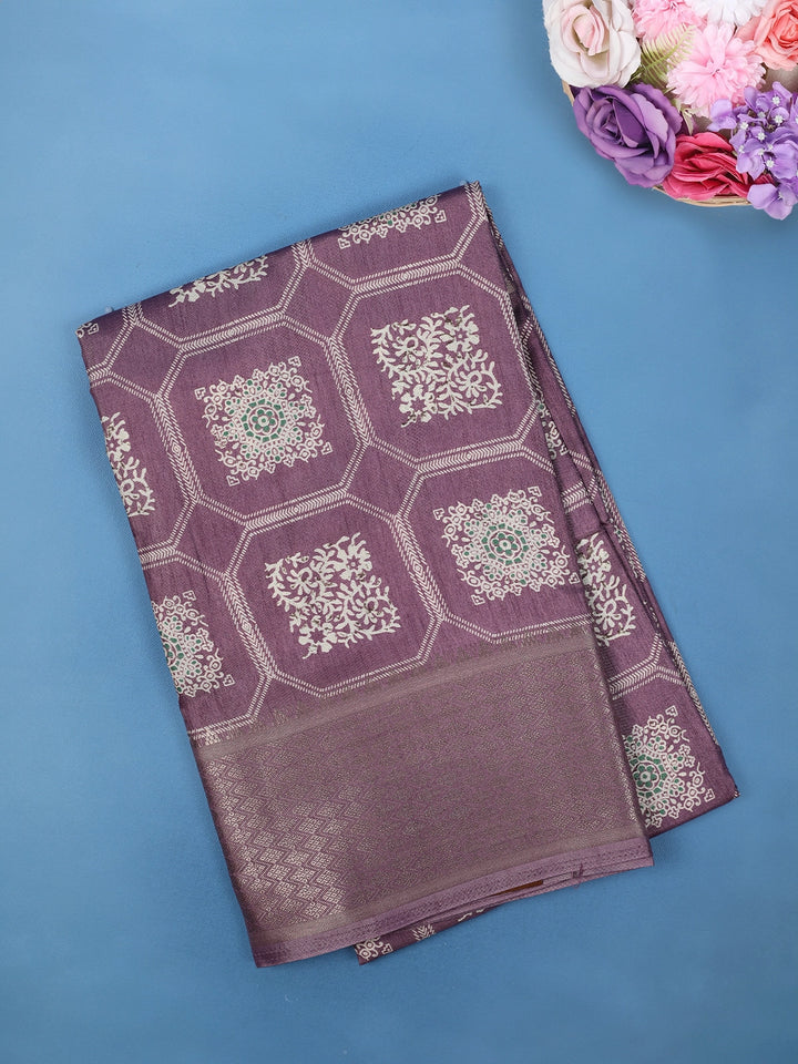 Purple Floral hexagonal Printed Cotton Saree - Diadem