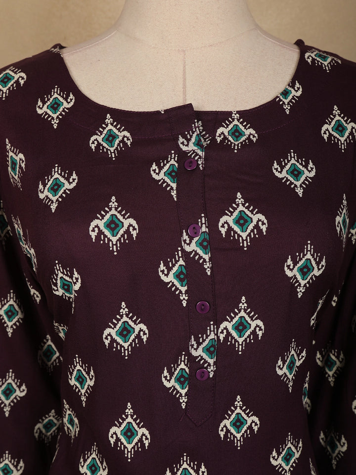 Purple Floral Design Cotton Kurti - Diadem