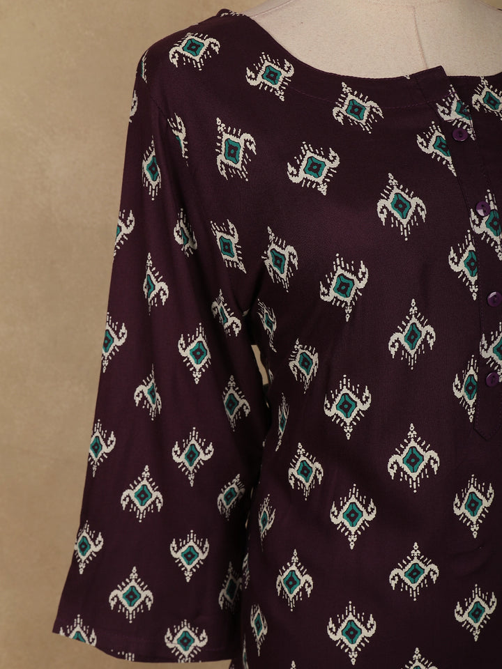 Purple Floral Design Cotton Kurti - Diadem