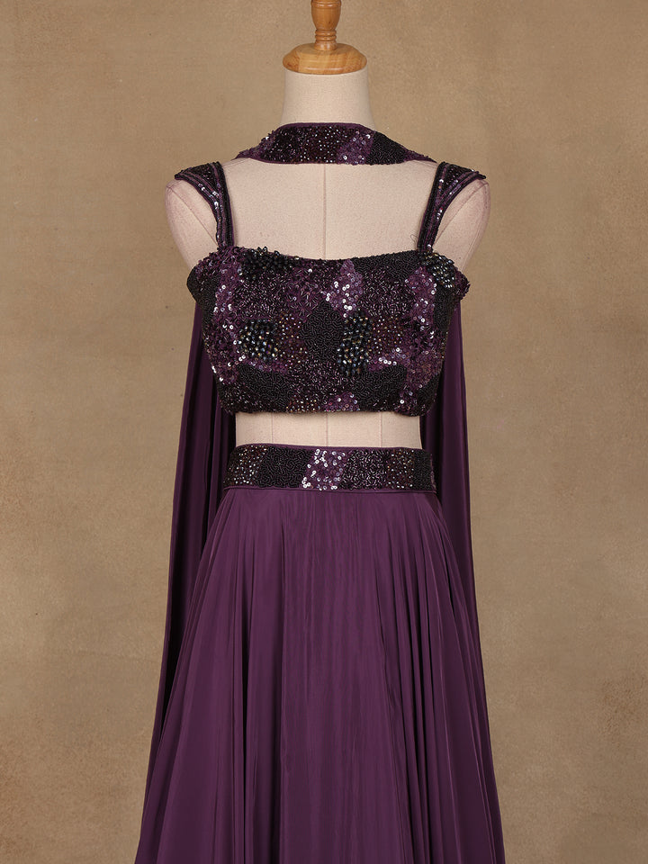 Purple Sequins Embroidered Satin Lehenga - Diadem
