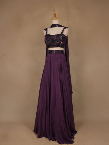 Purple Sequins Embroidered Satin Lehenga - Diadem