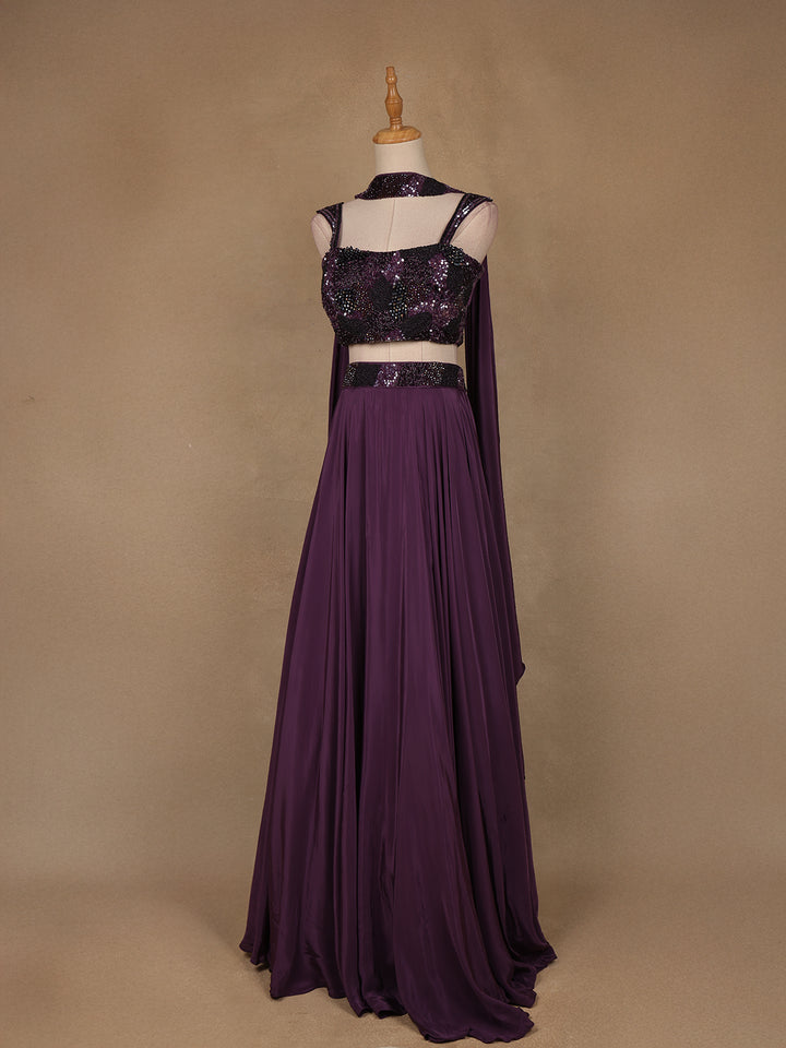 Purple Sequins Embroidered Satin Lehenga - Diadem