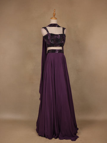 Purple Sequins Embroidered Satin Lehenga - Diadem