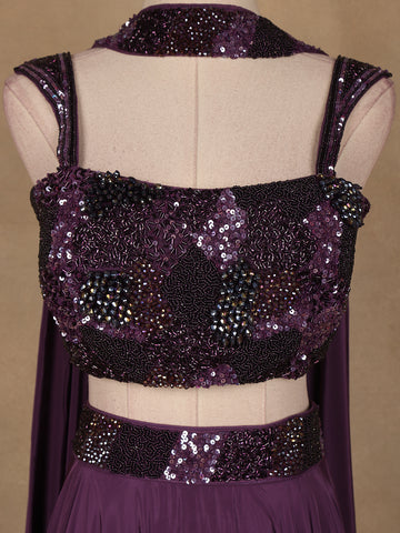 Purple Sequins Embroidered Satin Lehenga - Diadem