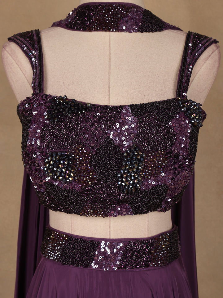 Purple Sequins Embroidered Satin Lehenga - Diadem