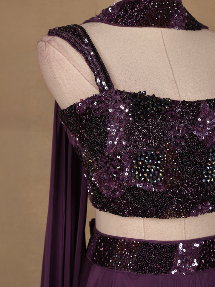Purple Sequins Embroidered Satin Lehenga - Diadem