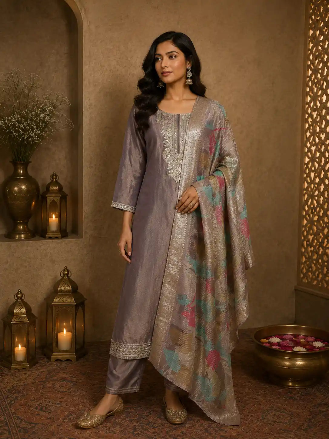 Purple Sequins Zari Embroidered Design Tissue Silk Palazzo Suit with Dupatta