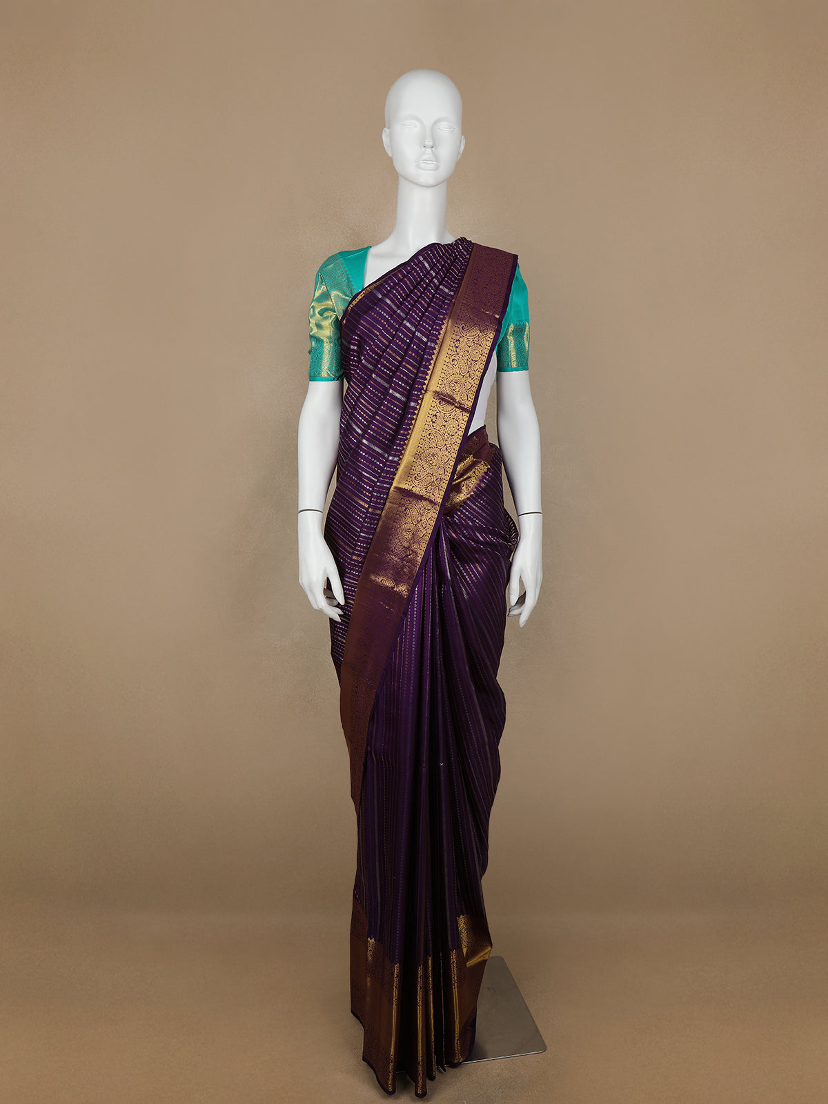 Purple Stripes and Floral Woven Pure Kanchipuram Silk Saree - Diadem