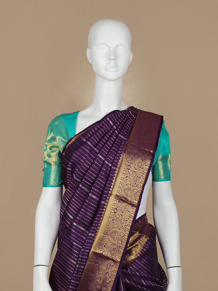 Purple Stripes and Floral Woven Pure Kanchipuram Silk Saree - Diadem