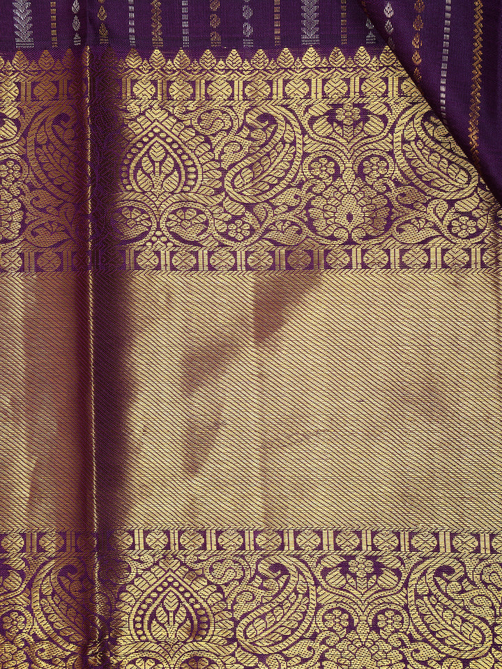 Purple Stripes and Floral Woven Pure Kanchipuram Silk Saree - Diadem