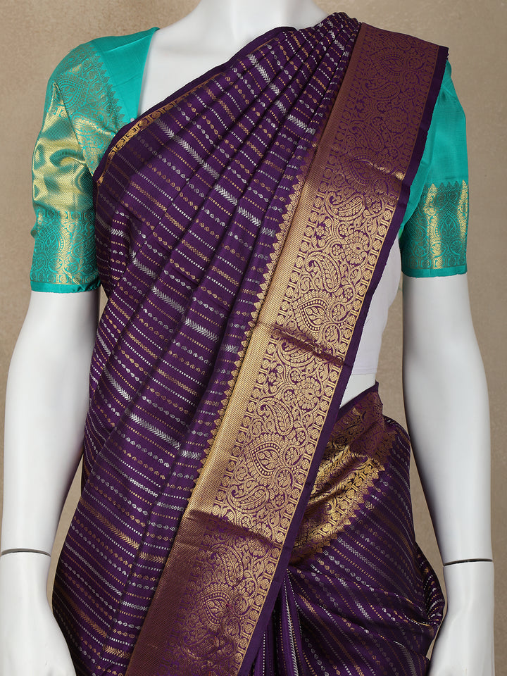 Purple Stripes and Floral Woven Pure Kanchipuram Silk Saree - Diadem