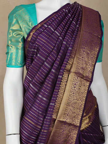 Purple Stripes and Floral Woven Pure Kanchipuram Silk Saree - Diadem