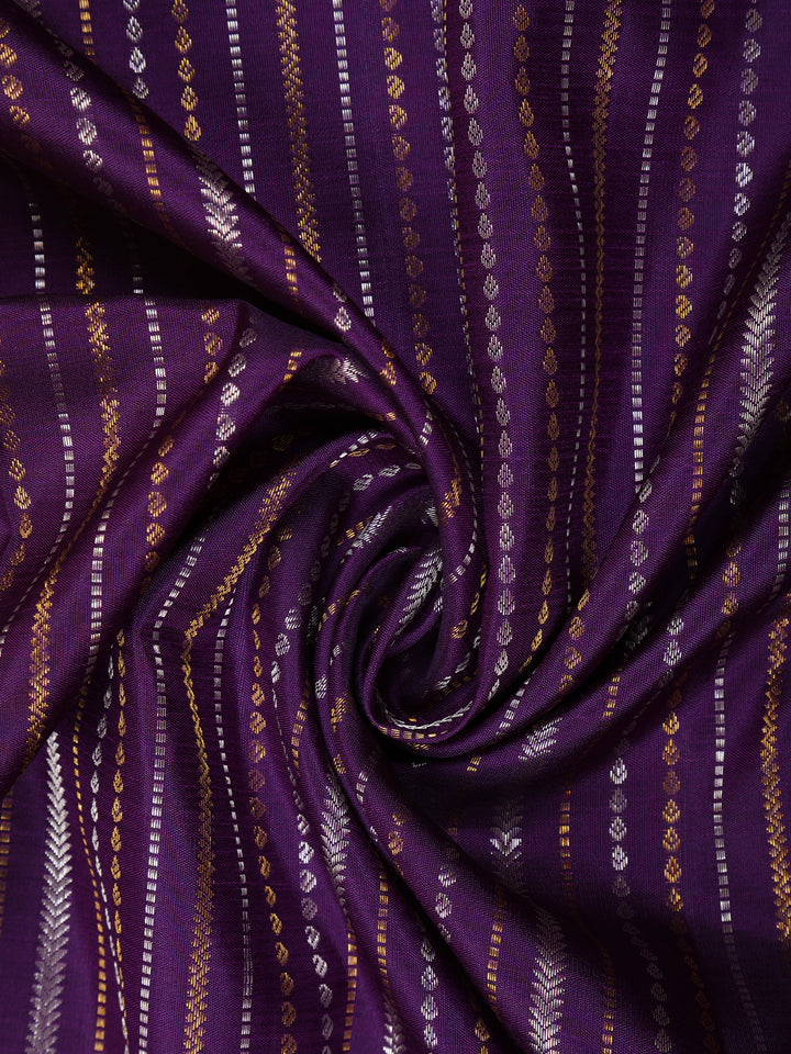 Purple Stripes and Floral Woven Pure Kanchipuram Silk Saree - Diadem