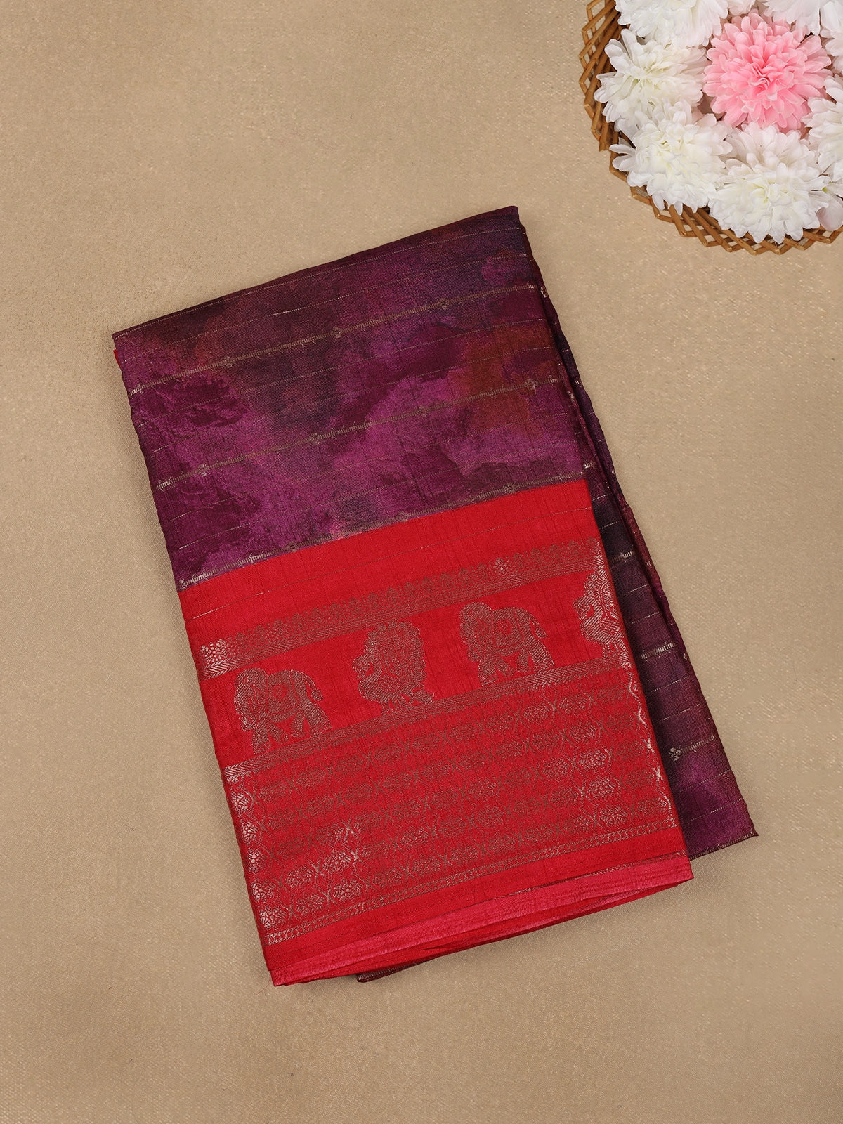 Purple with Red Contrast Zari Border Cotton Saree - Diadem
