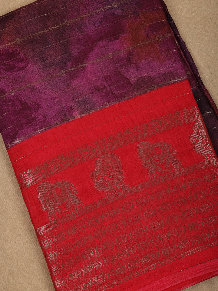 Purple with Red Contrast Zari Border Cotton Saree - Diadem