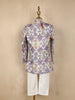 Purple and Beige Floral Design Printed Kids Semi Silk Sherwani