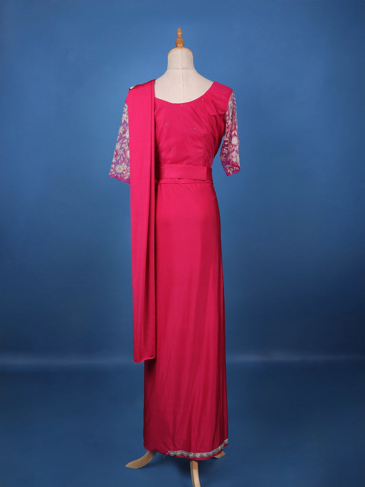 Queen Pink Floral Beads Embroidered Satin Ready To Wear Saree - Diadem