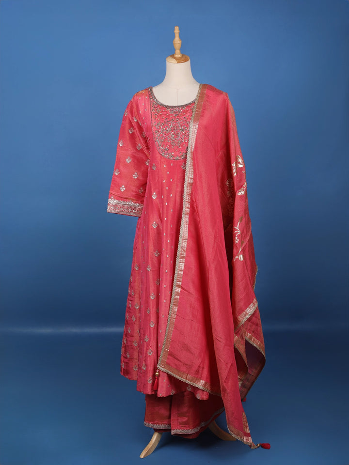 Queen Pink Floral Design Silk Palazzo Suit - Diadem