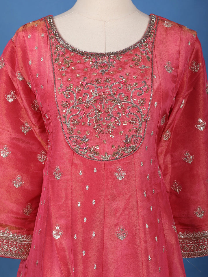 Queen Pink Floral Design Silk Palazzo Suit - Diadem